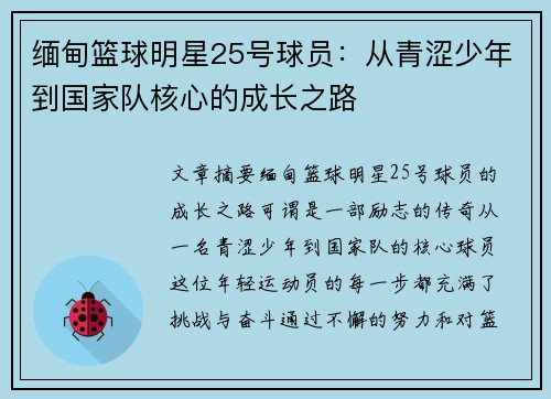 缅甸篮球明星25号球员:从青涩少年到国家队核心的成长之路